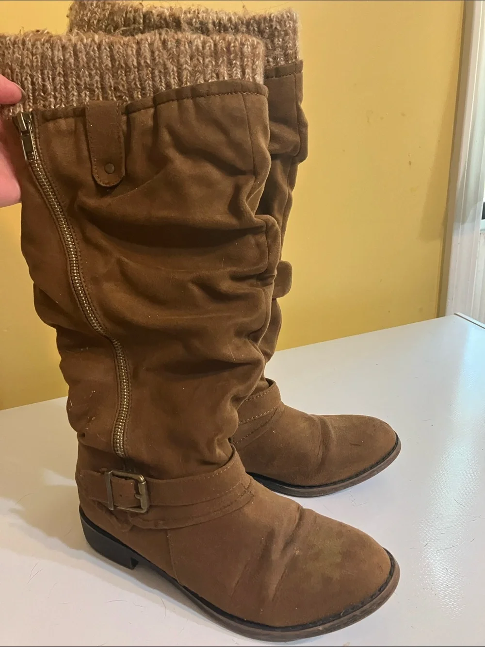 Women's Brown Knee-High Slouch Boots with Knit Cuff